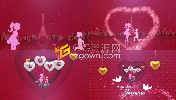 卡通剪影男女人物动画闪耀粒子文字演绎浪漫求婚情人节活动开场白-AE模板