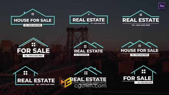 AE模板-9个房子房地产简笔画图形效果房地产标题动画