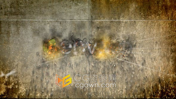 AE模板-子弹射击在斑驳的旧墙体上揭示品牌LOGO标志动画