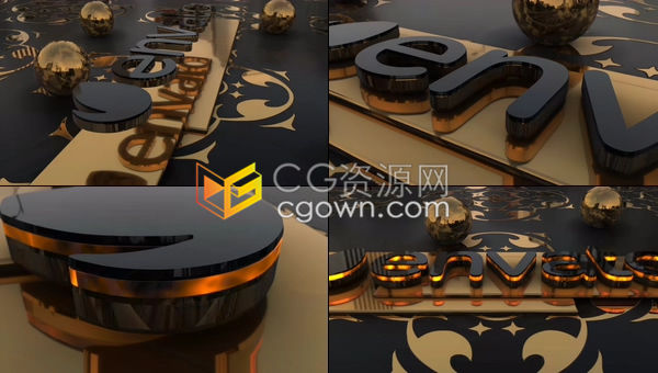 三维元素光滑金属材质黑金色组合展示大气企业LOGO标志动画-AE模板