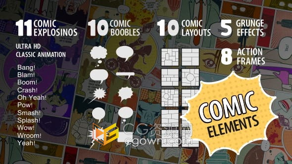 AE模板-44个卡通漫画元素爆炸污点漫画泡沫喜剧特效元素