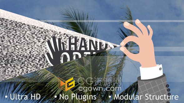 AE模板-创意卡通手势演绎幕布效果标题动画娱乐营销开场视频