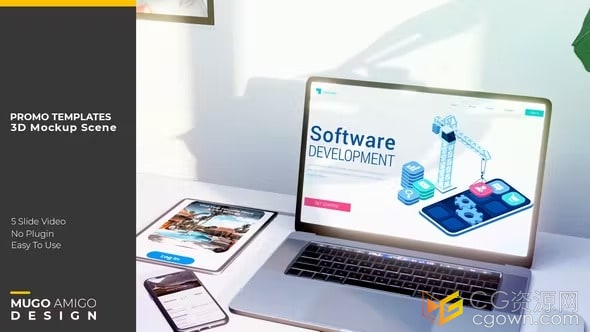 AE模板-3D办公桌面场景笔记本电脑平板手机模型产品宣传