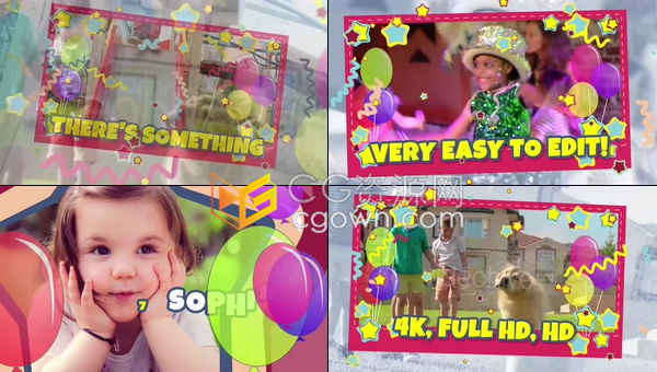 4K彩色卡通男女版动画生日派对聚会视频邀请卡节日相册-AE模板下载