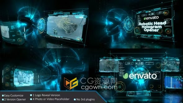 AE模板-机器人头部全息图3D科技HUD宣传片头