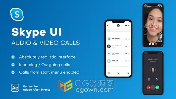 AE模板-Skype UI逼真用户界面应用程序中模拟语音音频和视频通话