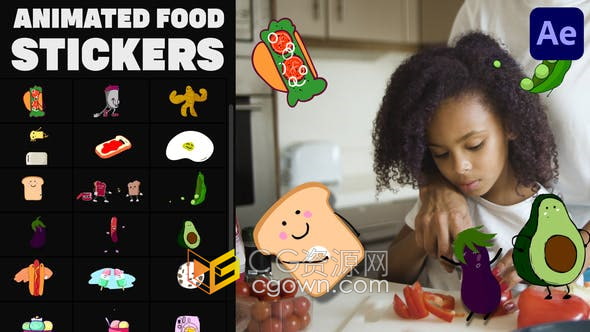 AE模板-20组手绘动画卡通食品元素效果视频鳄梨香蕉面包饼干鸡蛋热狗冰淇淋坚果香肠