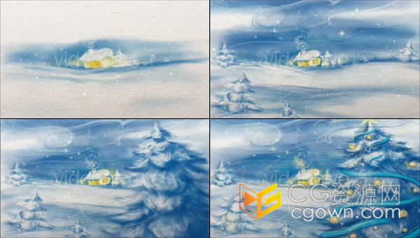 美丽手绘水彩沙画效果圣诞节新年节日祝福视频贺卡-AE模板下载