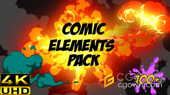 4K卡通水火焰手绘烟雾漫画泡泡文字闪光特效元素包带Alpha透明通道+AE模板下载