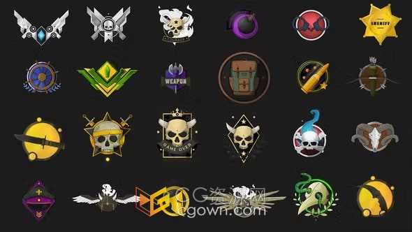 AE模板-游戏战利品成就徽章盾牌图标动画元素包