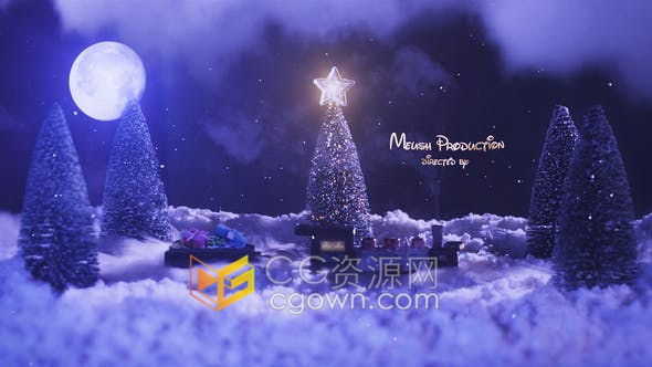 圣诞夜幕氛围雪花粒子飞舞可爱小火车缓缓开过揭示节日祝福开场片头-AE模板