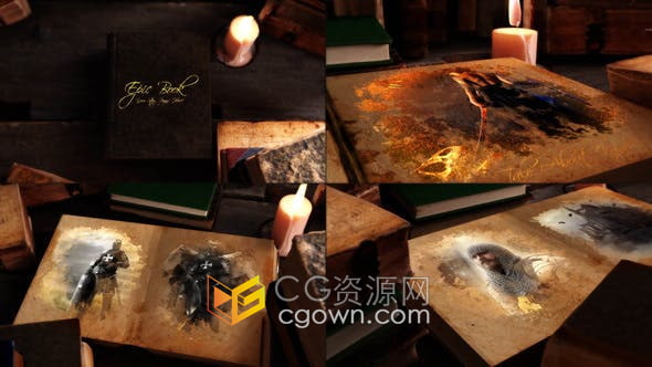AE模板-烛光古书桌面场景魔法书翻页展示墨水能量效果传奇人物介绍