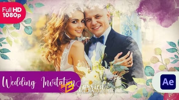水彩花卉元素婚礼请柬照片幻灯片视频相册动画-AE模板