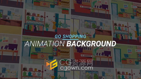 AE模板-卡通插图服装精品店咖啡厅电子产品专卖店购物场景解说动画背景