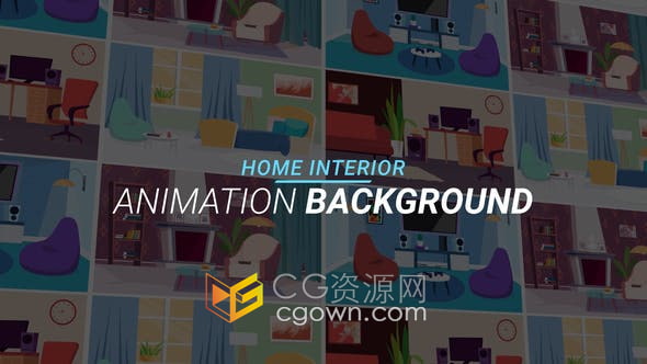 AE模板-卡通彩色家居室内书房卧室客厅舒适装饰插图动画背景