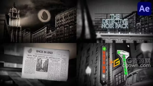 AE模板-大气复古黑白电影经典场景侦探主题怀旧视频演示