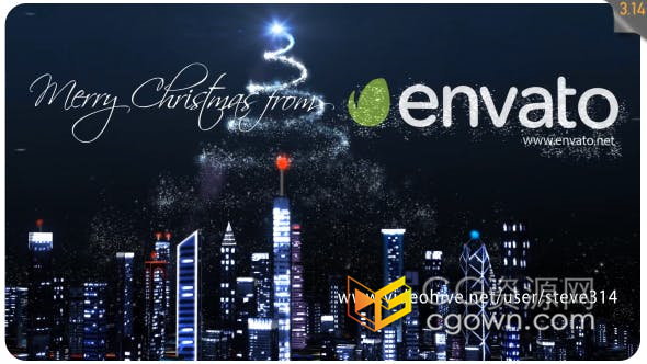 现代高层摩天大楼城市上空魔法发光粒子形成圣诞树电子贺卡-AE模板