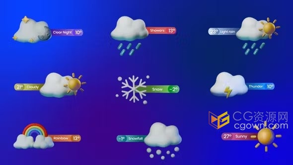 带有独特的3D天气元素渐变色彩排版标题-AE模板