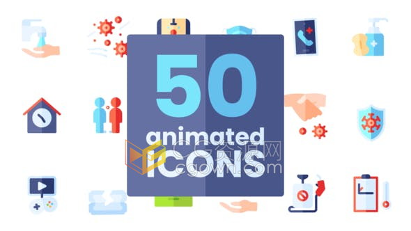 50个现代平面设计医疗卫生居家隔离病毒动画图标-AE模板