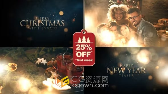 温馨浪漫氛围优雅圣诞节新年贺卡粒子标题AE模板制作