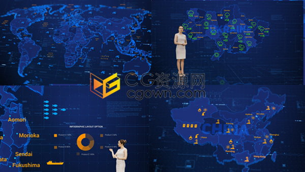 科技感全息世界地图军事地图演示天气预报新闻资讯图标路径HUD元素动画-AE模板