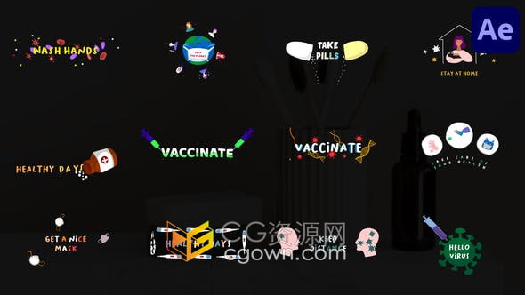 AE模板-新型冠状病毒疫苗接种和病毒主题彩色动画标题健康医疗宣传广告