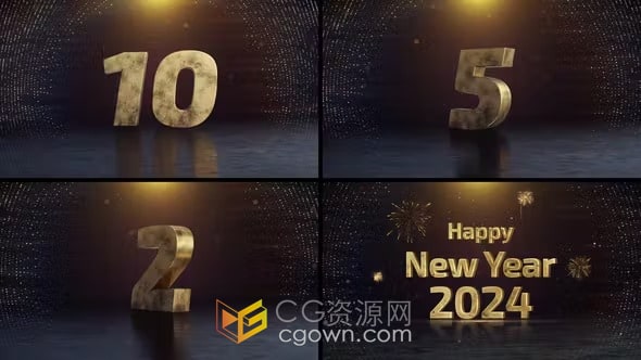 2024年新年倒计时AE模板免费下载三维金色翻转数字倒数片头
