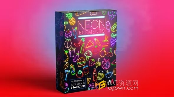AE模板-45个矢量绘制的食物图标动画霓虹灯元素
