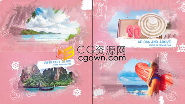 甜美粉红浪漫色彩时尚可爱水墨晕染效果旅游相册动感展示-AE模板