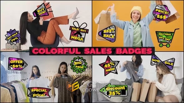 AE与PR模板-彩色销售价格贴优惠标签徽章贴纸动画