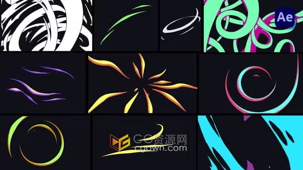 卡通多彩能量流体丝带线条动画社交媒体运动元素-AE模板