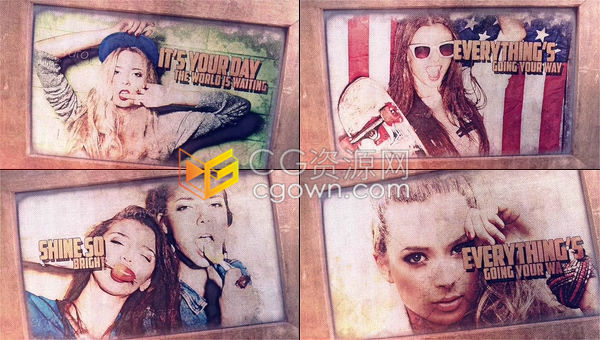 独特复古帆布效果照片展示水墨风格可爱卡通漫画相册-AE模板免费下载