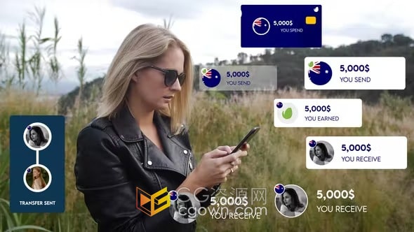 AE模板-购物付款转帐支付汇款货币金额收益到帐银行图标??元素动画