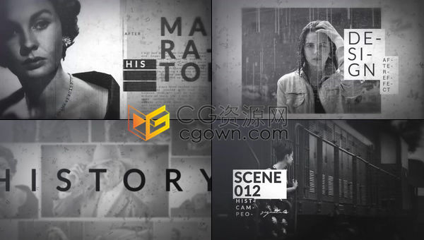 历史纪录片怀旧风格黑白色调陈旧报纸故障画面展示复古宣传片-AE模板