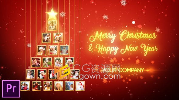 漫天雪花散景效果照片悬挂围成圣诞树动画展示活动邀请祝福电子贺卡-AE/PR模板