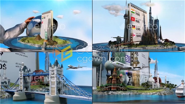 创意立体建城市标志性筑物旅游飞机地图包装宣传视频片头-AE模板下载