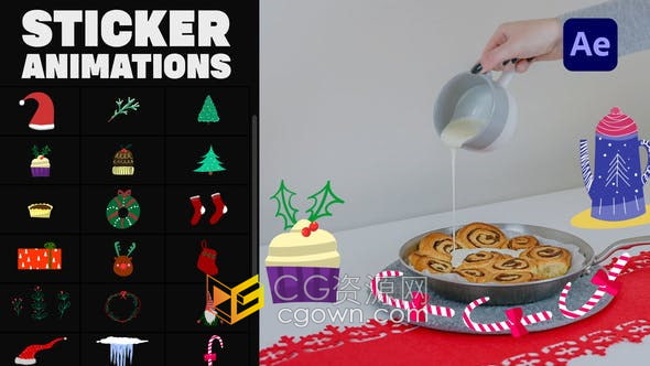 AE模板-可爱卡通手绘动画圣诞图标元素制作社交媒体圣诞新年节日小视频