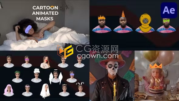 AE模板-手绘卡通动画面具集合有趣兔耳朵皇冠头饰搞怪娱乐可爱装饰