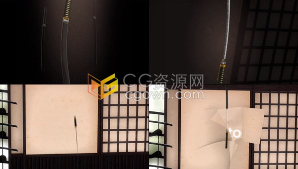 日本武士刀剑砍开木门皮纸展示出LOGO动画效果视频片头-AE模板下载