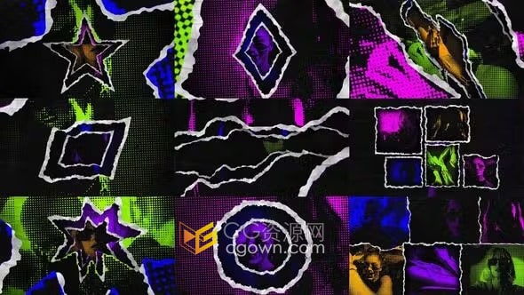 Grunge纸撕裂效果和半色调图案叠加的污垢过渡-AE模板