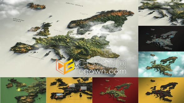 3D欧洲地图背景地标航线旅行路线疫情区域分析揭示动画-AE模板