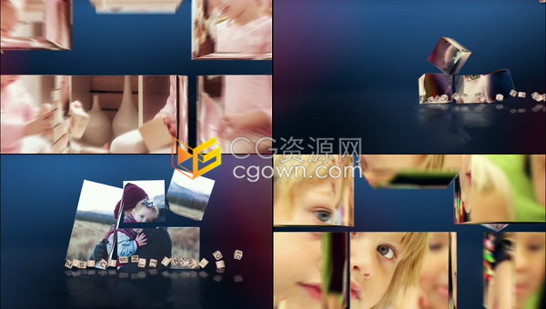 方块积木拼3D立方体展示照片动画欢快儿童相册视频介绍动画-AE模板免费下载