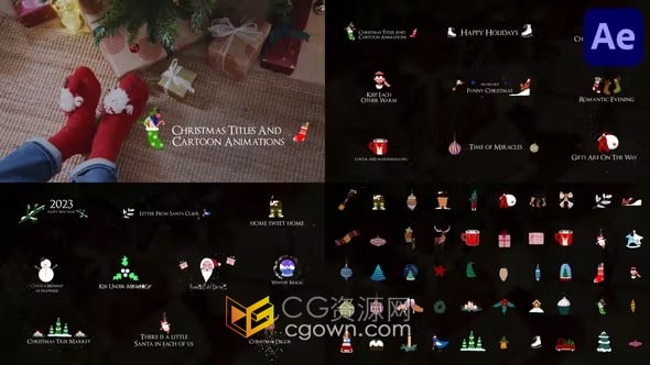 AE模板-色彩缤纷卡通节日动画片头甜美雪花圣诞标题祝福新年广告