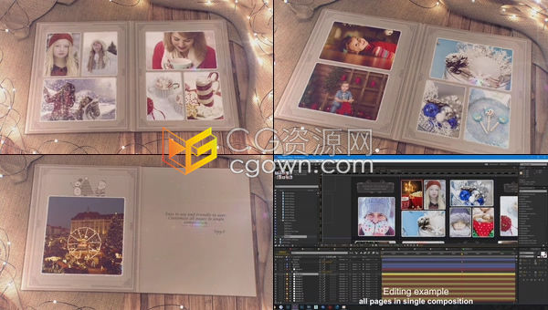 3D发光灯饰围绕书本翻页动画展示圣诞照片美好回忆相册-AE模板下载