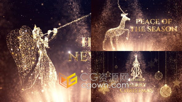 漂亮金色粒子圣诞元素动画展示节日问候电子贺卡假期祝福视频-AE模板