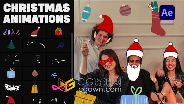 AE模板-可爱卡通圣诞面具和贴纸动画圣诞图标元素