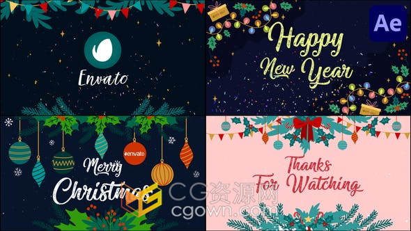 清新美好节日彩色装饰插图展示新年问候幻灯片圣诞节节日邀请贺卡-AE模板