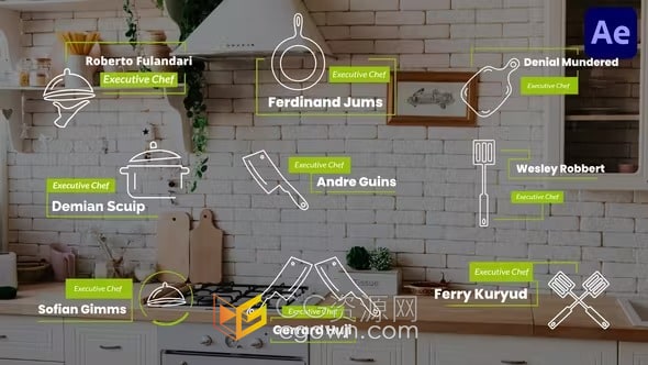 AE模板-9个餐饮厨房厨师主题干净动力学标题动画