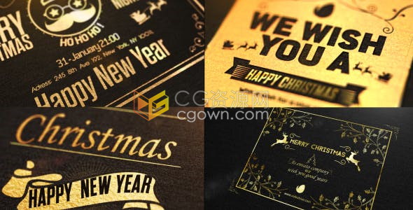 金色圣诞节贺卡元素图形动画与文字标题效果问候视频制作-AE模板下载