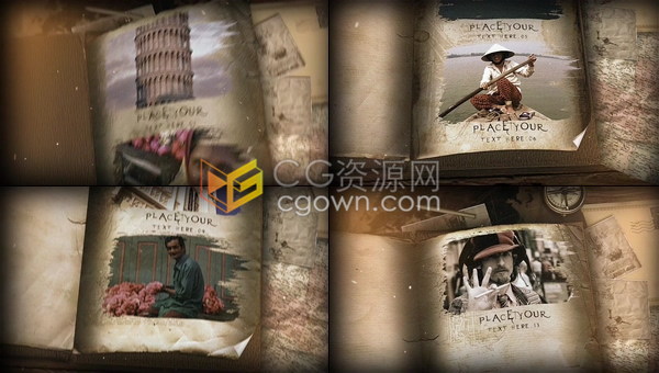 旧书秘籍翻页展示笔刷照片动画纪录片或史诗历来冒险记介绍视频-AE模板下载